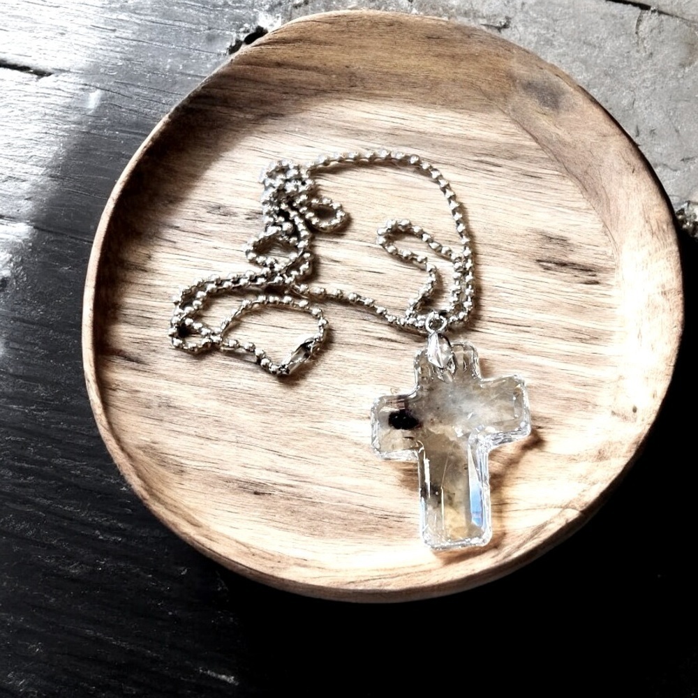 Crystal Clear Glass Cross Necklace with silver toned Beaded Chain 22” - Picture 4 of 17